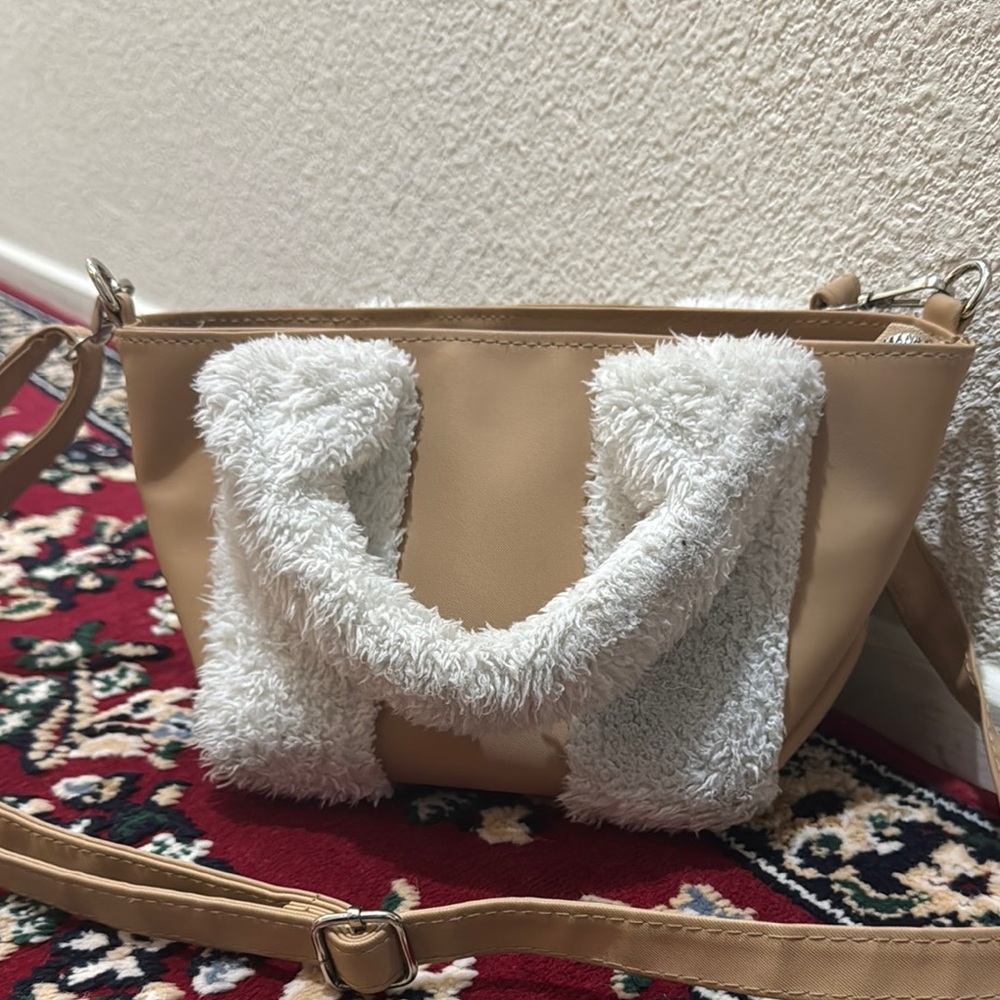Cream and Tan Crossbody Bag with Plush Letter Detail